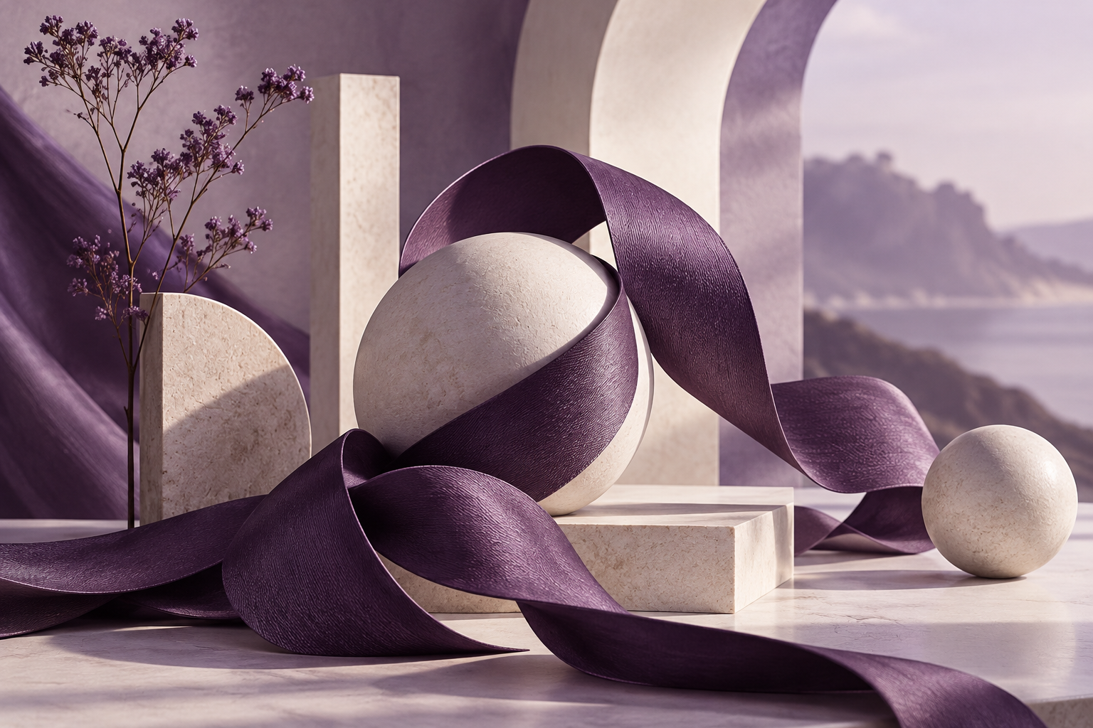 sculptural plum ribbons and warm ivory geometric forms, refined fashion editorial still life, no bags